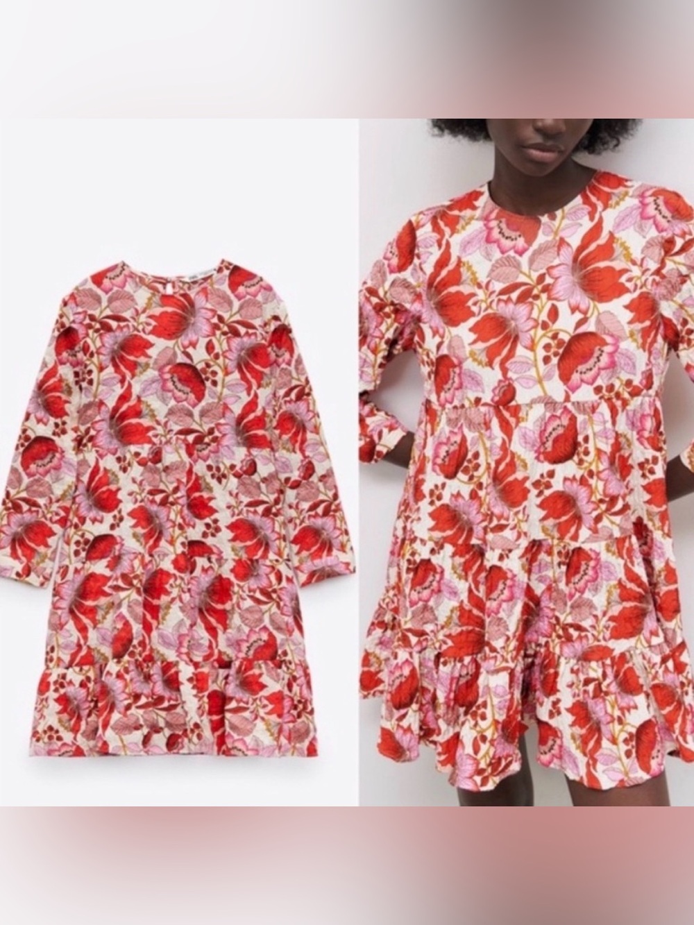 ZARA Floral The Sharon Dress Babydoll Tiered red pink Small Coquette Cottagecore - Picture 2 of 7